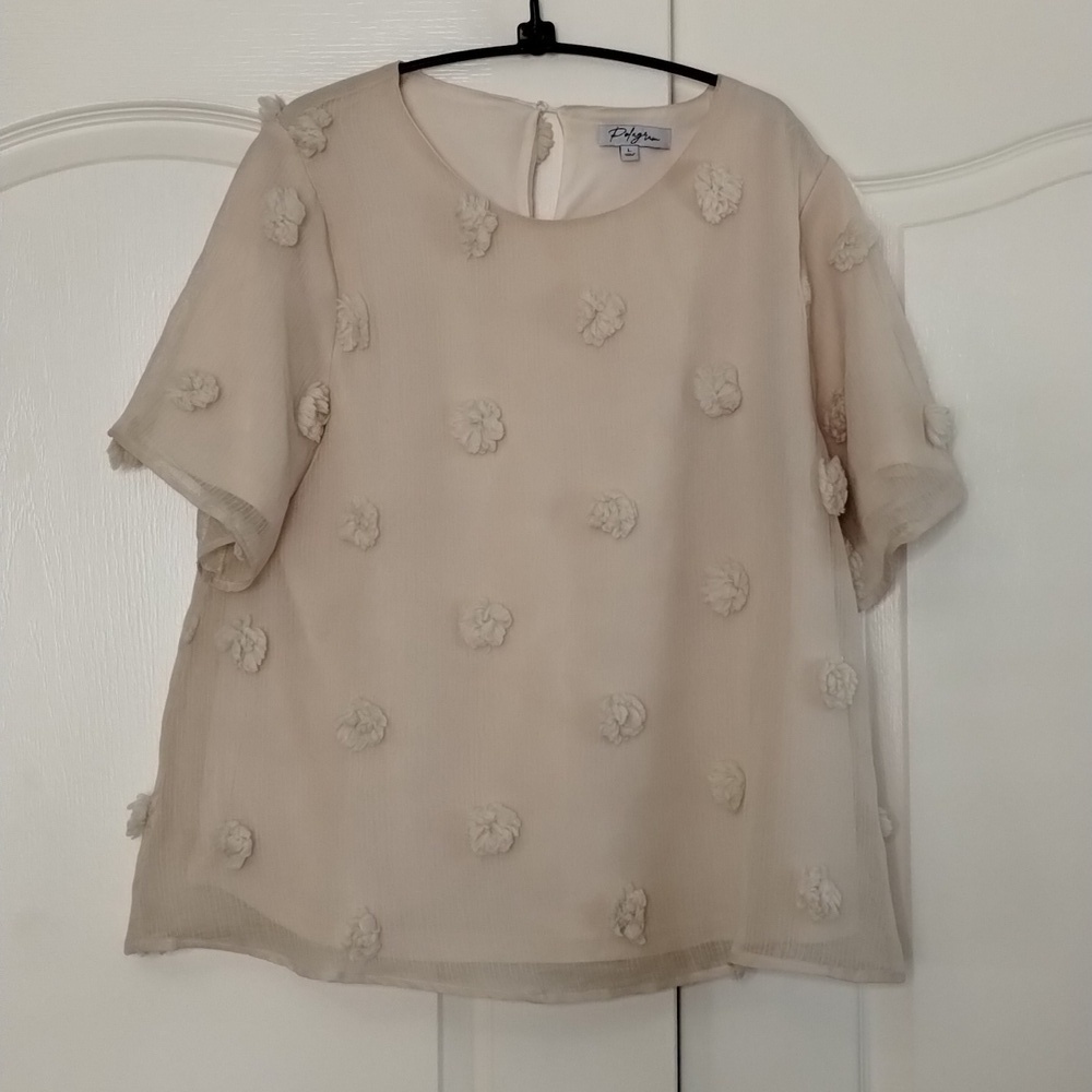 Polagram Women's Blouse Large Rosettes Short Sleeve Lined Cream